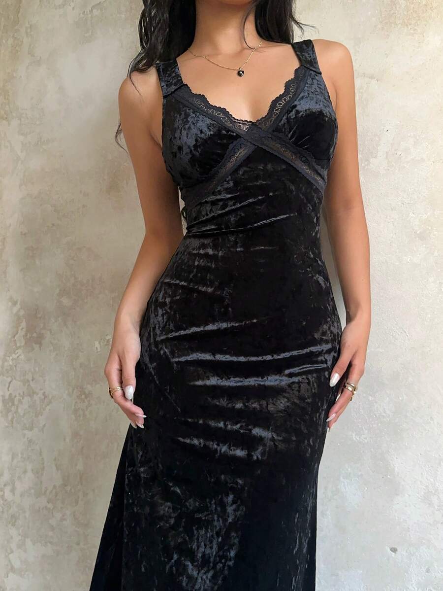 Sunnyshic Women's Long Velvet Dress, Black, Autumn, Deep V-Neck, Contrast Lace, Waist Cinched, Slim, Sexy, Elegant Party Dress
